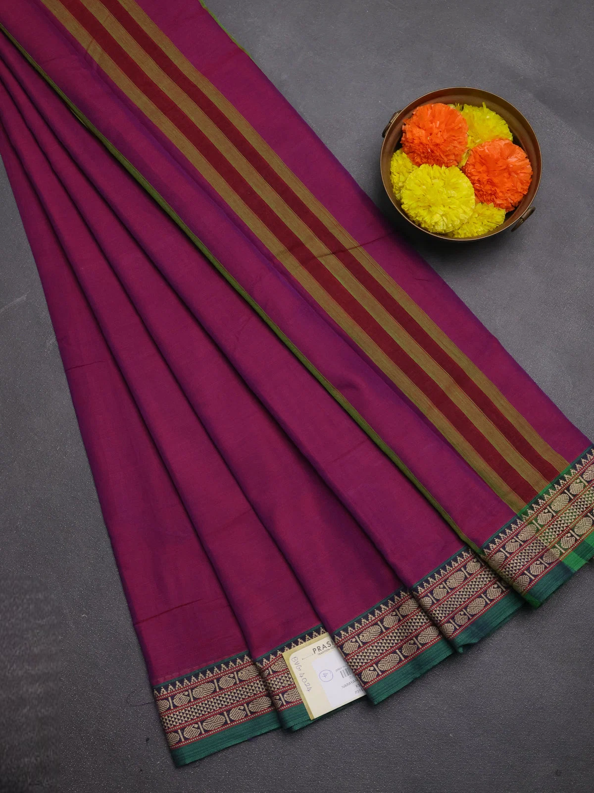 Narayanpet Cotton Saree - Magenta Pink and Green